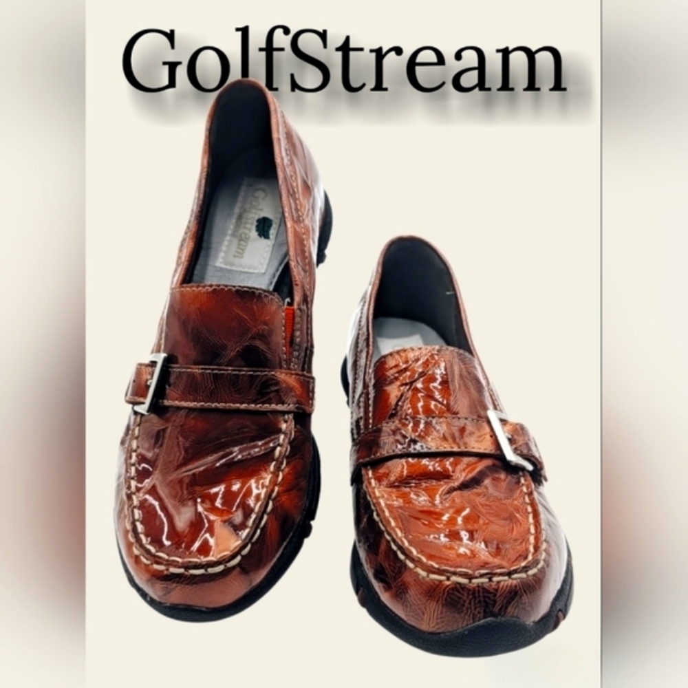 Golfstream Golf Shoes Women Sz 9M Casual Penny Loafers Silver Buckle Red Leather
